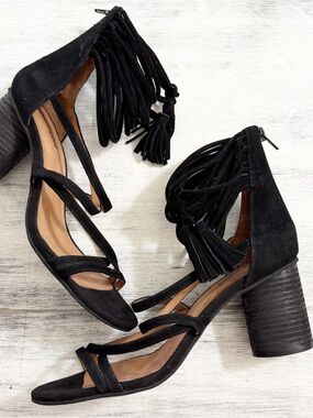 Jeffrey Campbell Black Suede Fringe Block Heel Sandals size 9